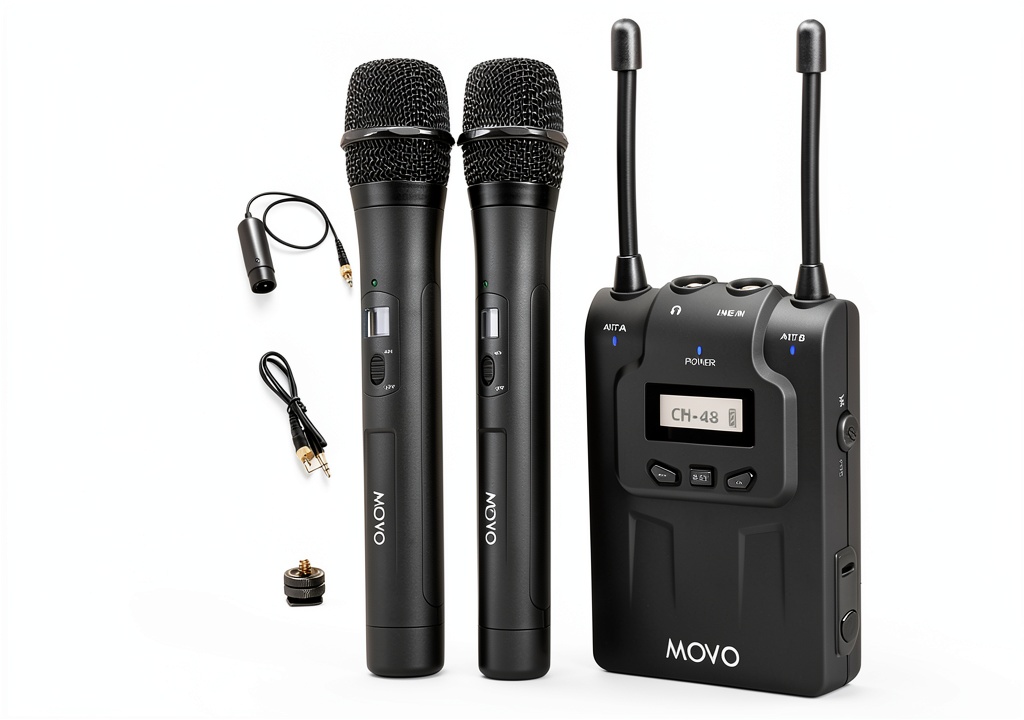 Movo Wireless Microphone Kit with handheld mics and receiver on a camera setup
