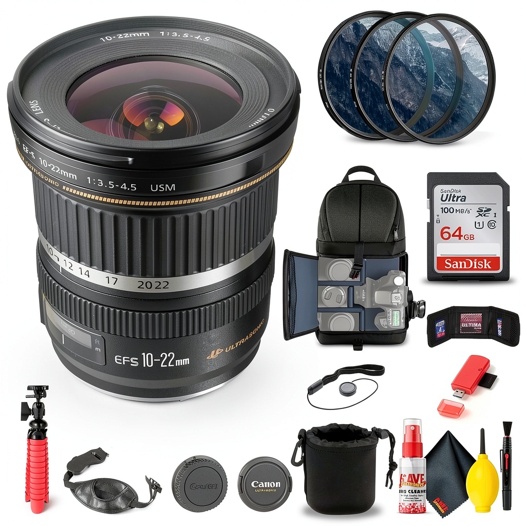 Canon EF-S 10-22mm lens mounted on a DSLR camera in a landscape setting