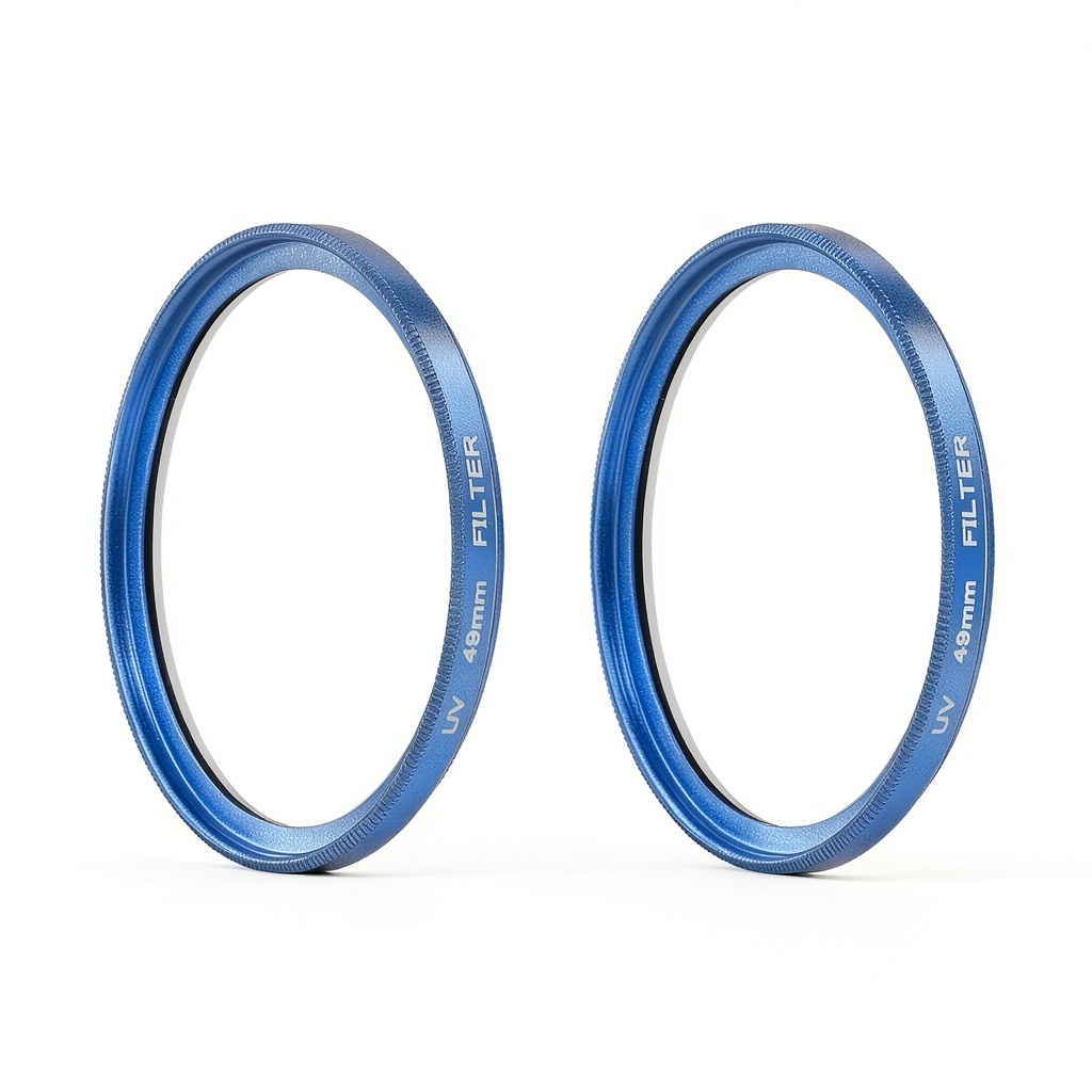 Pavo 49mm ultra slim aluminum camera filter set displayed on a camera lens