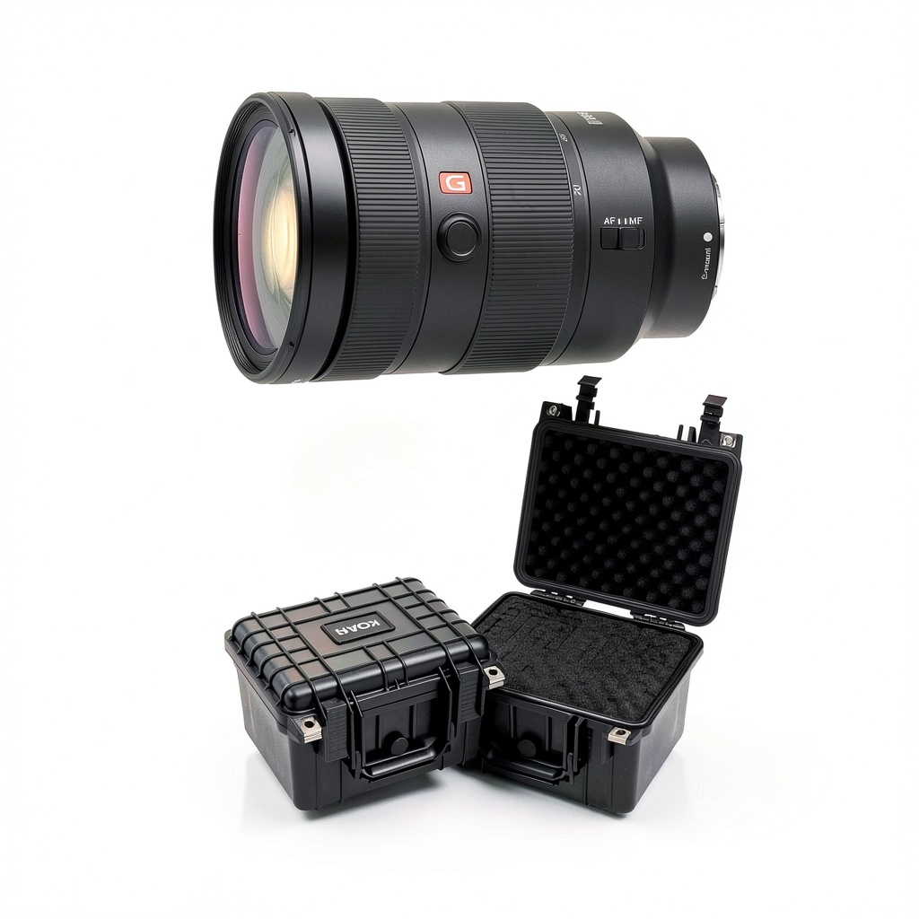Sony FE 28 70mm f/2 GM Lens mounted on a Sony camera in a studio setting