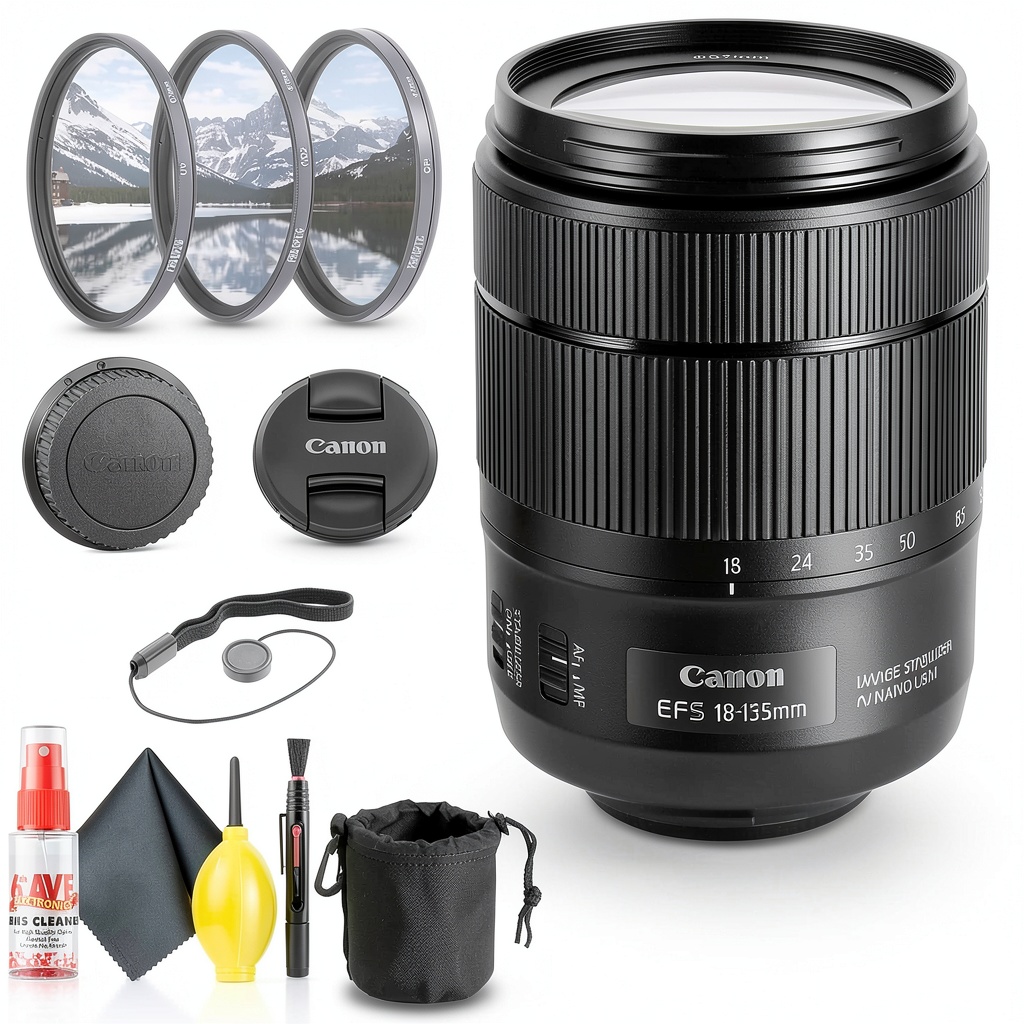 Canon EF-S 18-135mm lens mounted on a DSLR camera with filter accessories