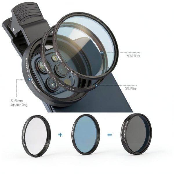 Neewer 58mm Camera Lens Filter Kit CPL ND32 Star Phone Clip-6