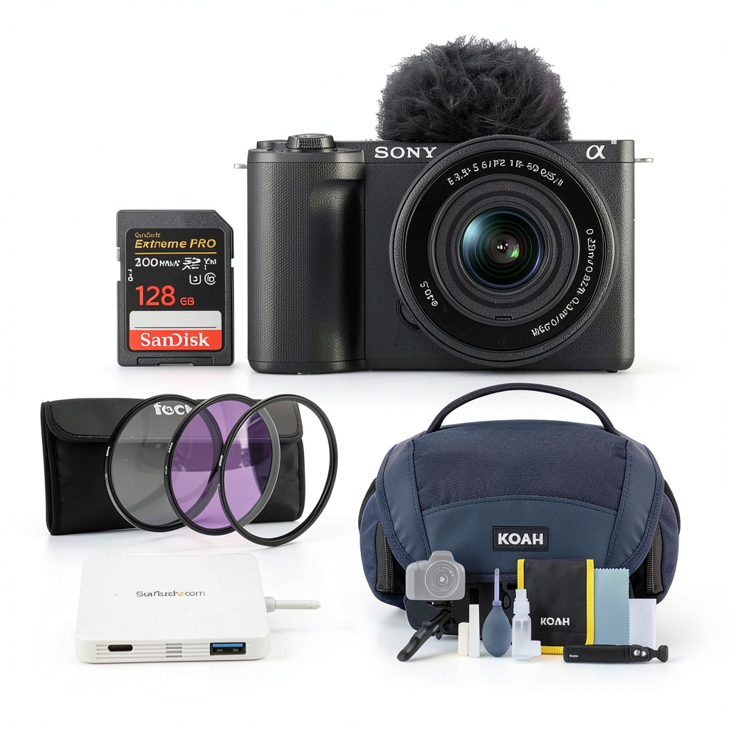 Sony ZVE10 II camera with 16-50mm lens mounted on small tripod for vlogging setup