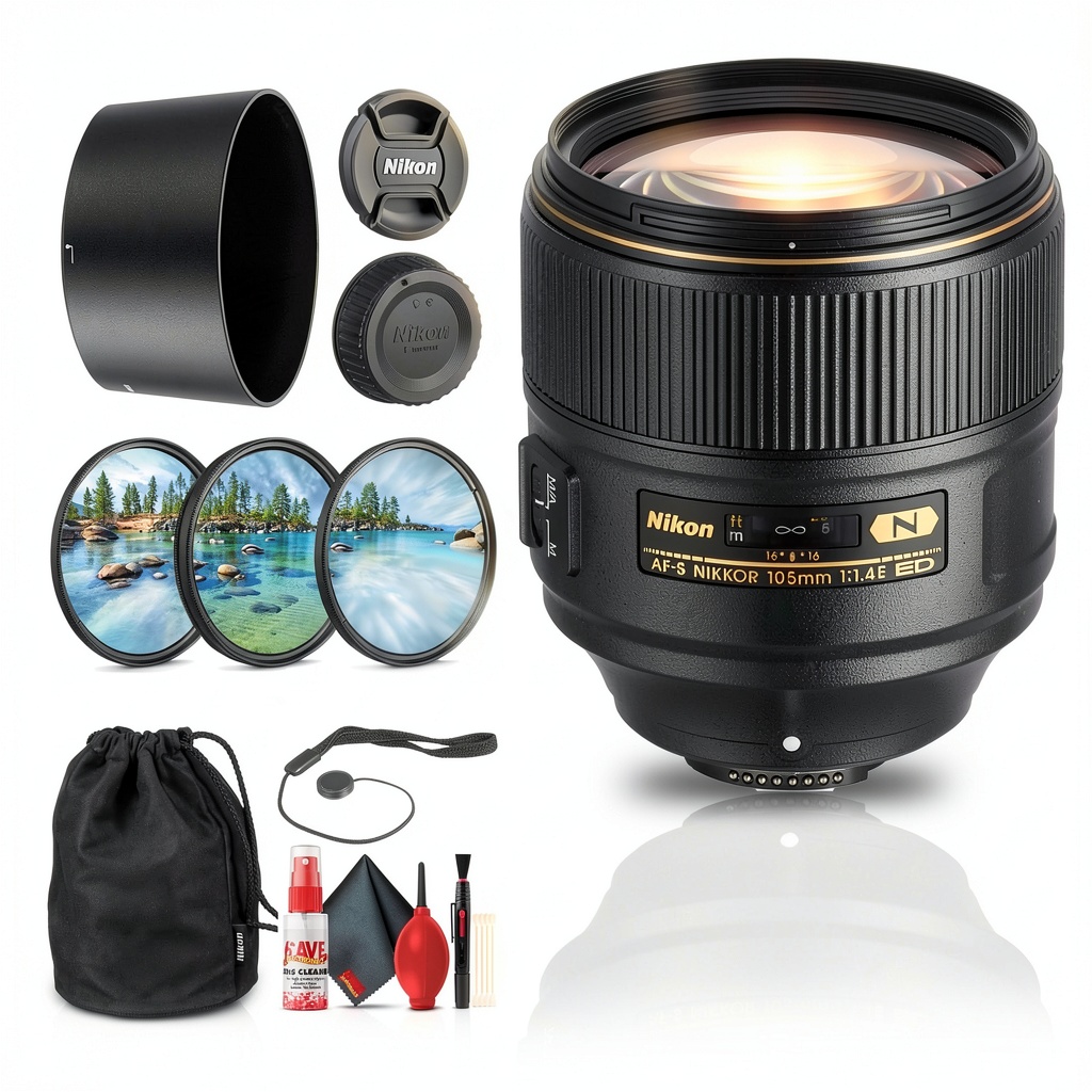 Installing Nikon 105mm f/1.4E ED Lens Portrait Photography Bundle on a wooden desk
