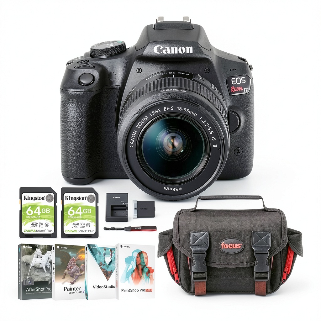 Canon EOS Rebel T7 camera with lens mounted on a table