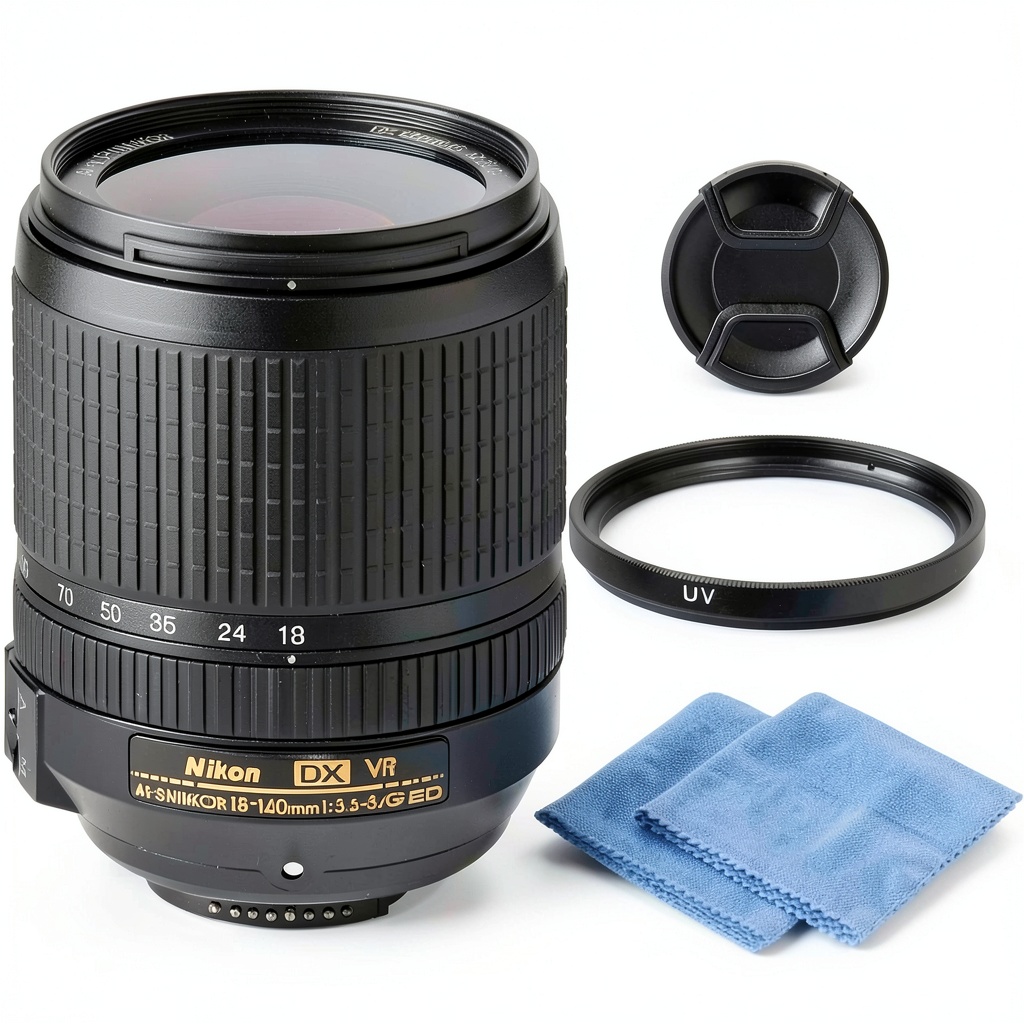 Nikon 18-140mm lens mounted on a DSLR camera showing its compact design