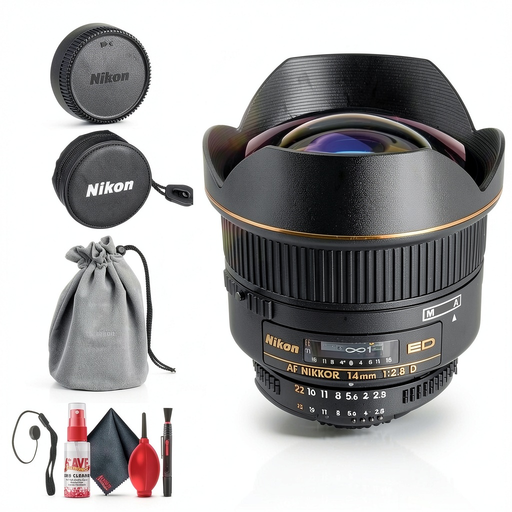 Nikon AF NIKKOR 14mm f/2.8D ED Lens mounted on a camera in a landscape setting