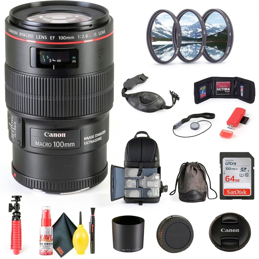 Canon EF 100mm f/2.8L Macro IS USM lens with bundle accessories displayed on a table